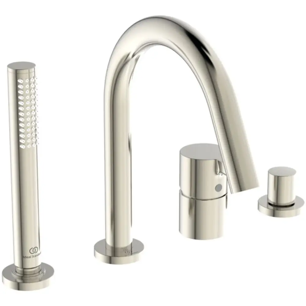 4-Loch Wannenrandarmatur von Ideal Standard mit einem Auslauf, einem Umsteller und einem handgehaltenen Brausekopf. Oberfläche in silberner Ausführung.